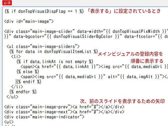 メインビジュアルのHTMLカスタマイズ画面
