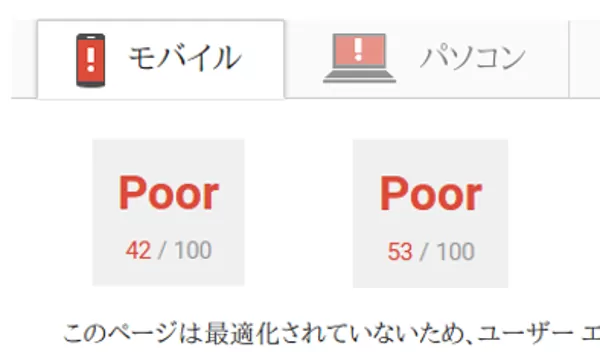 Page Speed Inisightsのテスト結果。モバイル42点、PC53点。